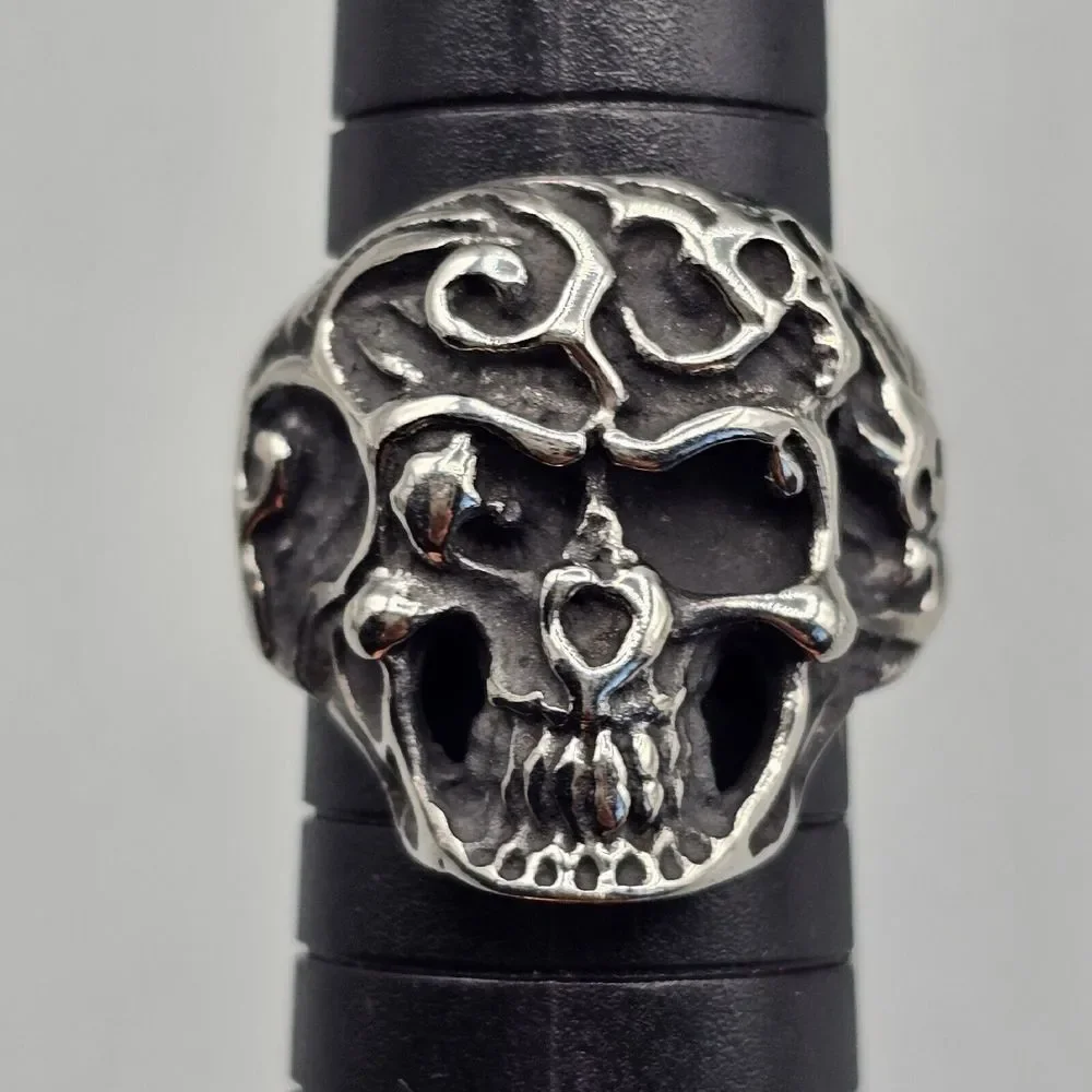 Mens Stainless Steel Skull Ring Gothic Biker Halloween Metal Punk 3D Size 10.5